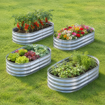 HGD Raised Garden Bed Kit Oval Galvanized Metal Outdoor Planter (4 Pcs) 4 x 2 x 1 ft